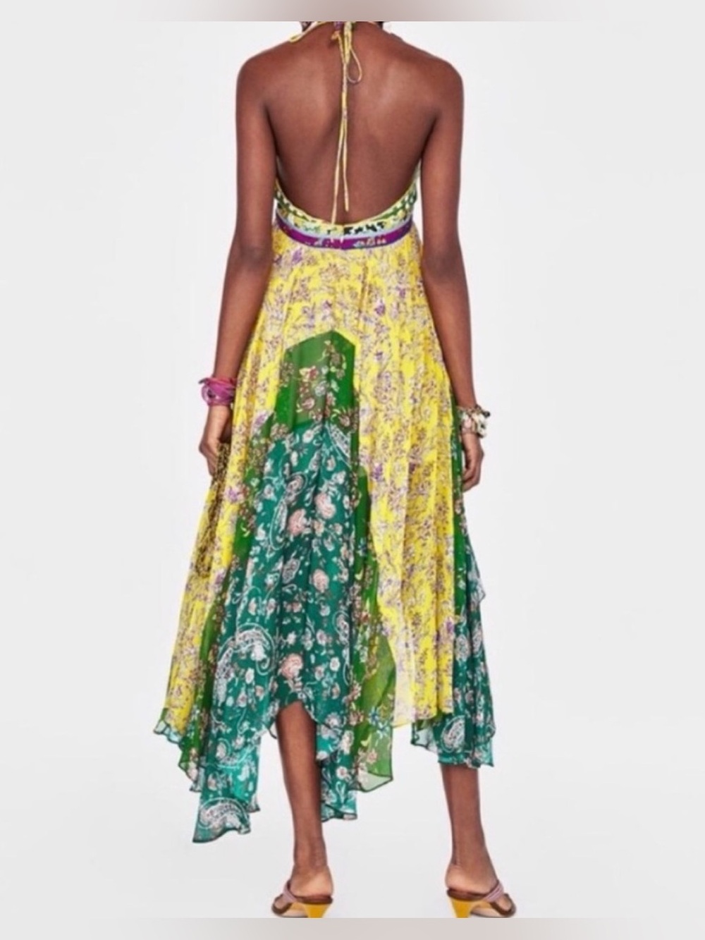 ZARA Asymmetrical Patchwork Green Boho Bloggers Favorite Halter Dress - Picture 2 of 8